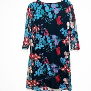 Caroline Rose Trapeze Style Mesh Embroidered Floral Designer Dress Ladies Sz M